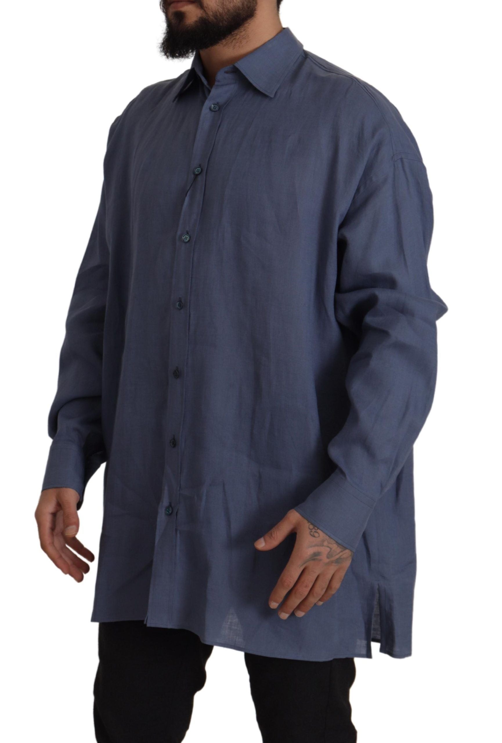 Dolce & Gabbana Dark Blue Linen Slim Fit Dress Formal Men Shirt Dolce & Gabbana
