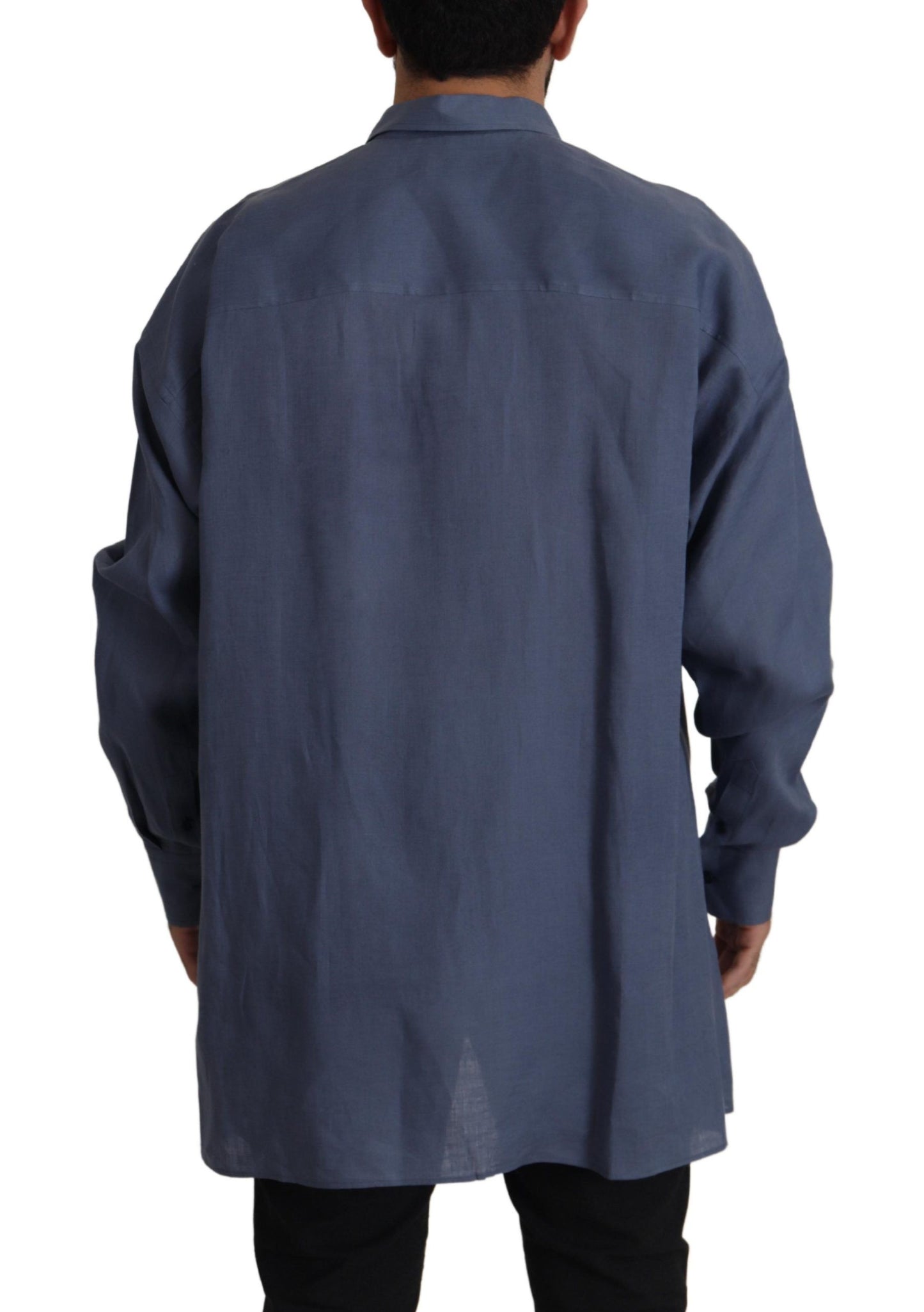 Dolce & Gabbana Dark Blue Linen Slim Fit Dress Formal Men Shirt Dolce & Gabbana
