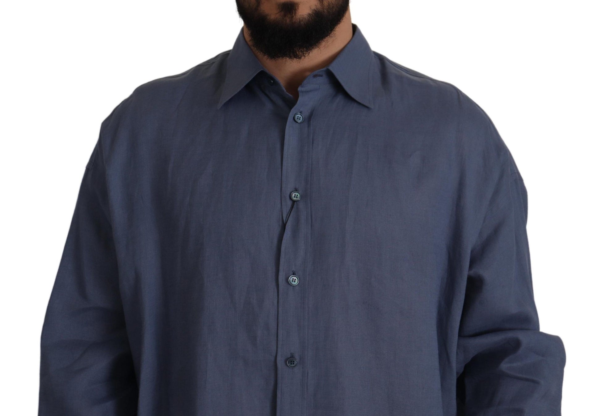 Dolce & Gabbana Dark Blue Linen Slim Fit Dress Formal Men Shirt Dolce & Gabbana