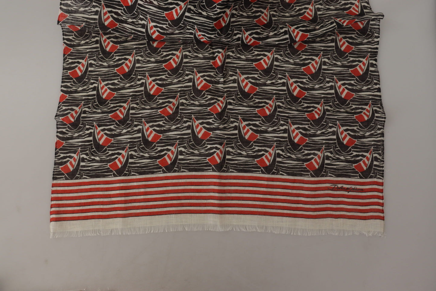 Dolce & Gabbana Black Red Linen Sailboat Stripe Print Shawl Scarf Dolce & Gabbana