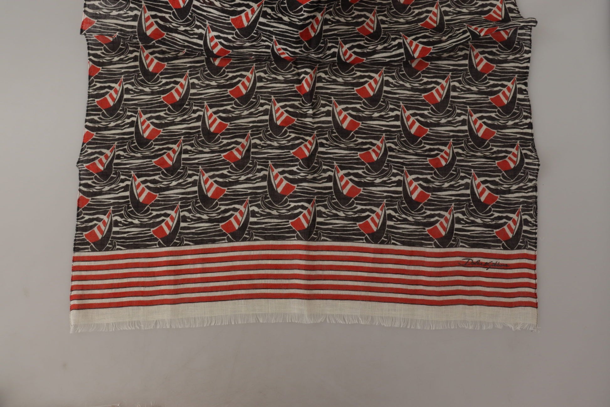 Dolce & Gabbana Black Red Linen Sailboat Stripe Print Shawl Scarf Dolce & Gabbana