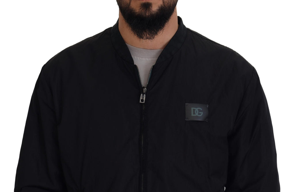 Dolce & Gabbana Black Nylon Logo Bomber Zipper Jacket - Eljoys Fashion 