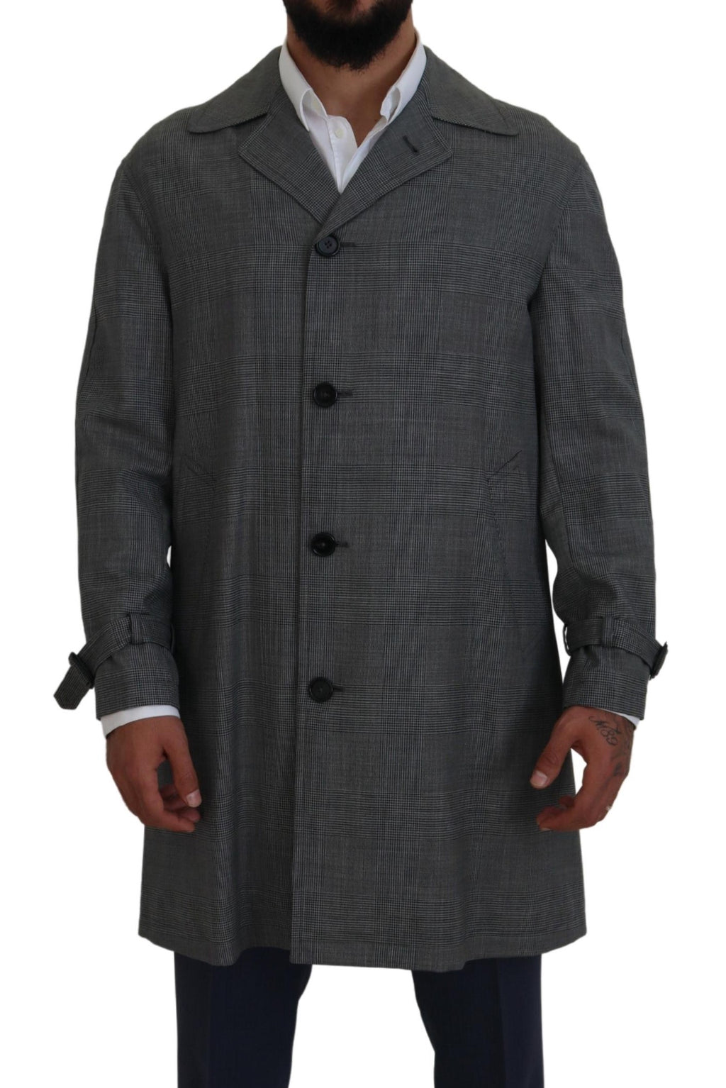 Dolce & Gabbana Gray Wool Plaid Long Trench Coat Jacket Trench Coat Jacket - Eljoys Fashion 