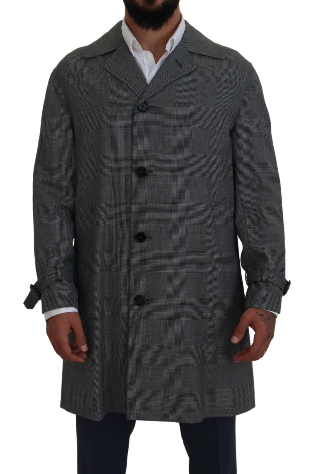 Dolce & Gabbana Gray Wool Plaid Long Trench Coat Jacket Trench Coat Jacket - Eljoys Fashion 
