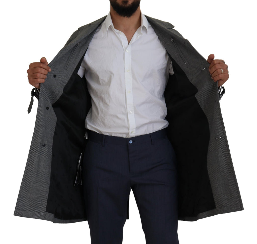 Dolce & Gabbana Gray Wool Plaid Long Trench Coat Jacket Trench Coat Jacket - Eljoys Fashion 