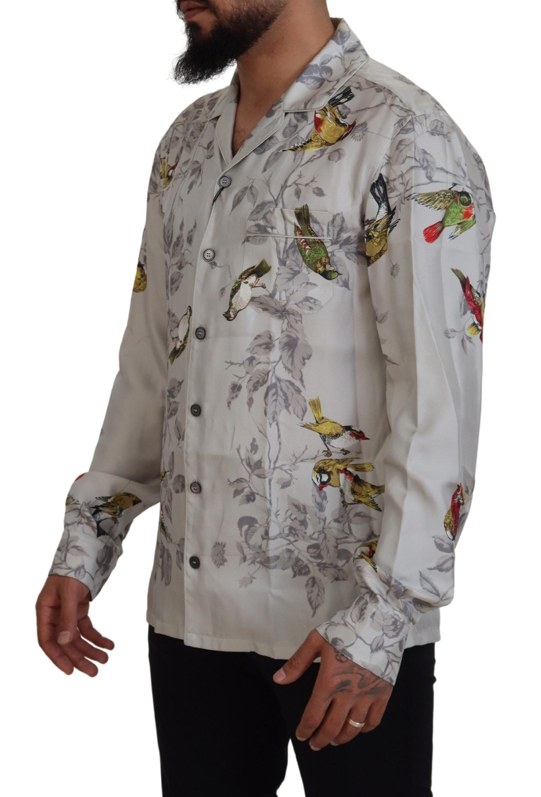 Dolce & Gabbana White Bird Print Silk Satin Casual Shirt Dolce & Gabbana