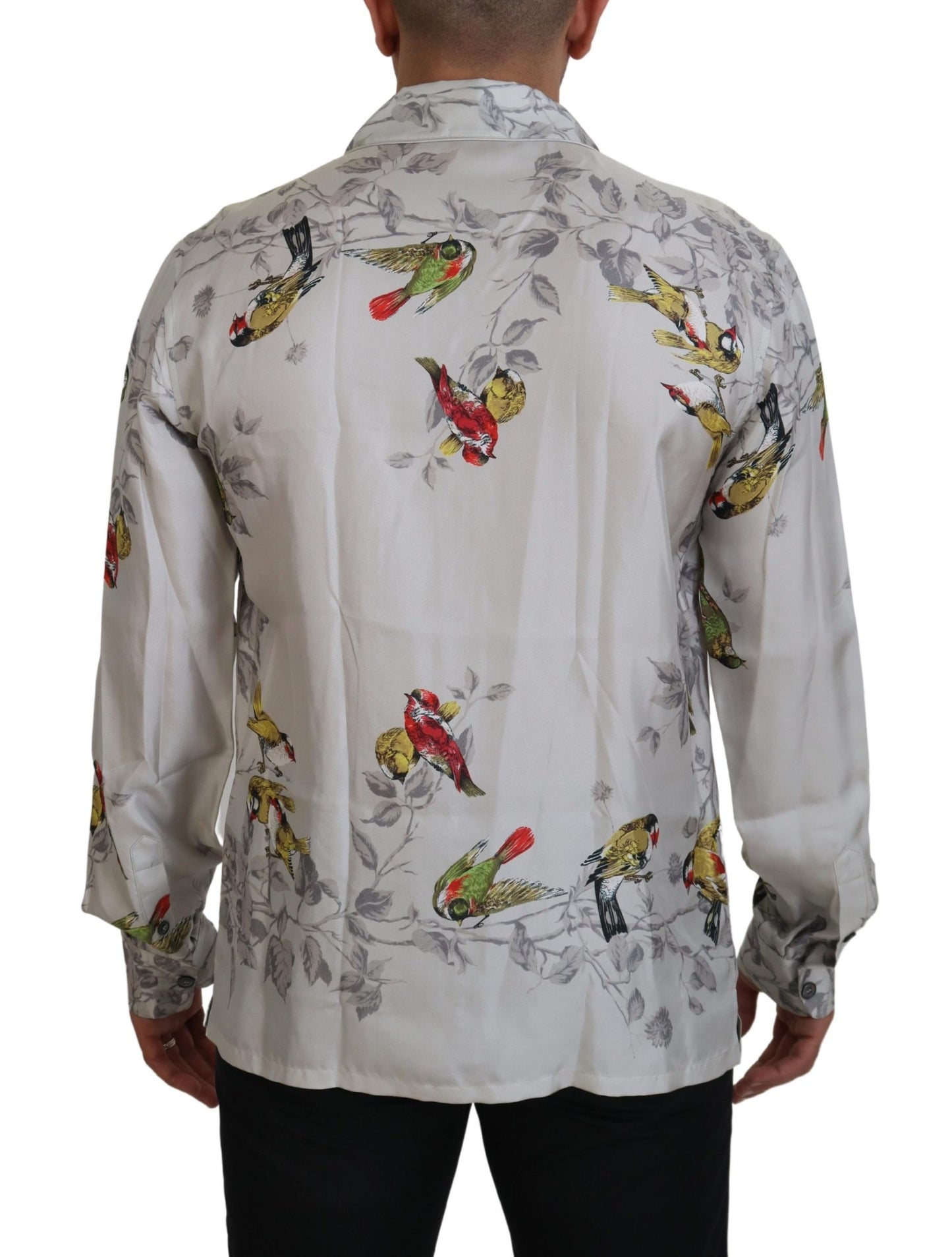 Dolce & Gabbana White Bird Print Silk Satin Casual Shirt Dolce & Gabbana