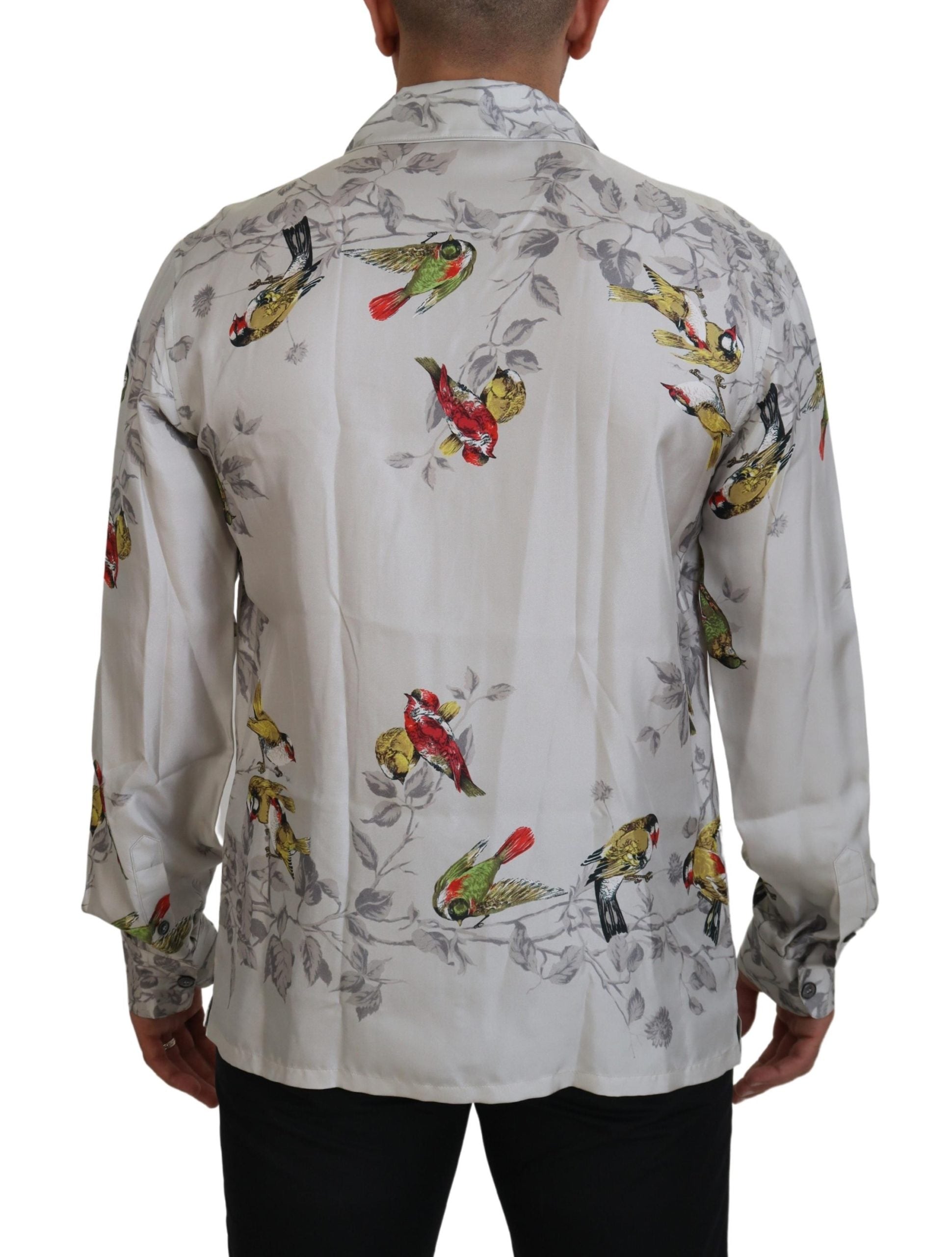 Dolce & Gabbana White Bird Print Silk Satin Casual Shirt Dolce & Gabbana