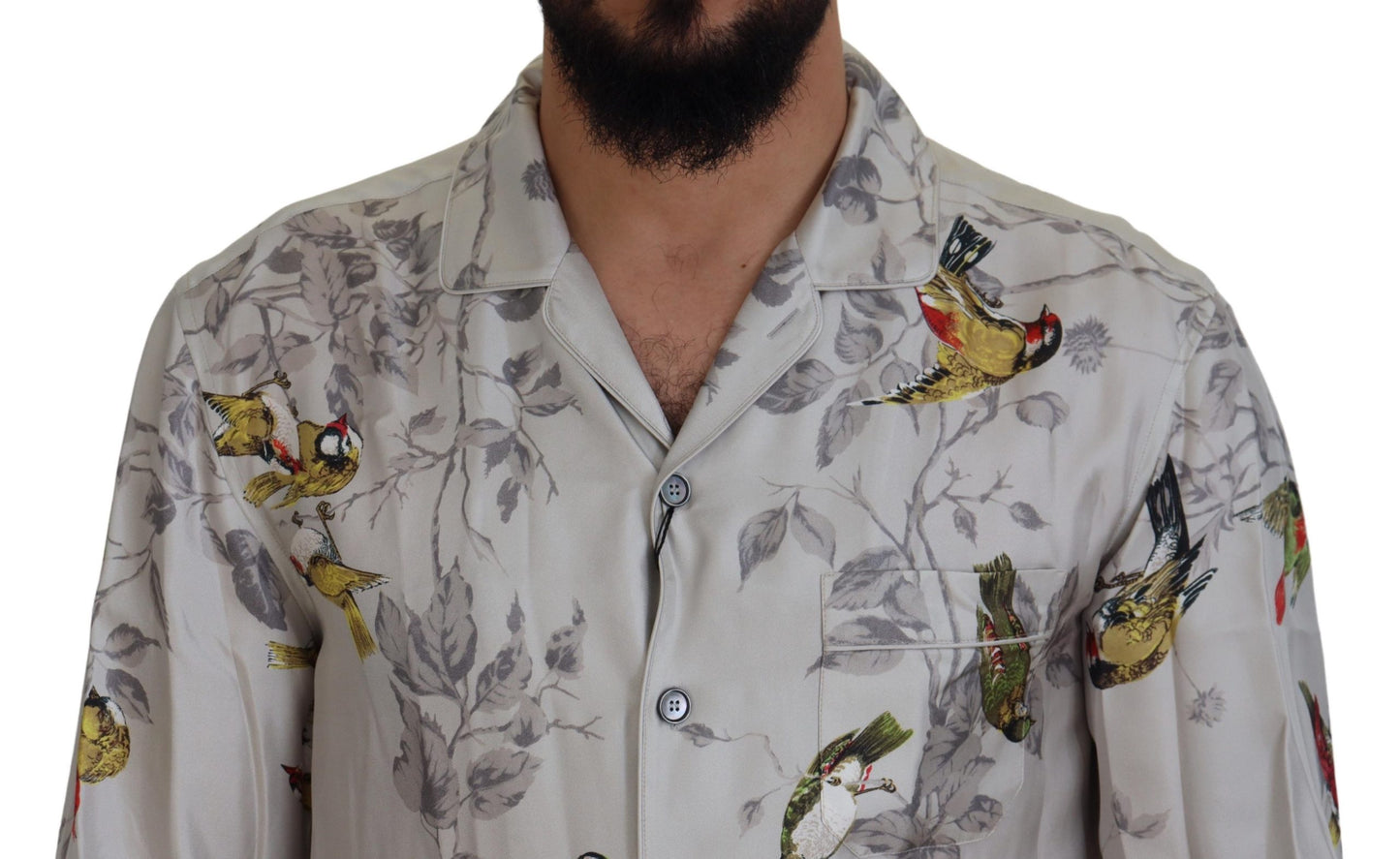 Dolce & Gabbana White Bird Print Silk Satin Casual Shirt Dolce & Gabbana