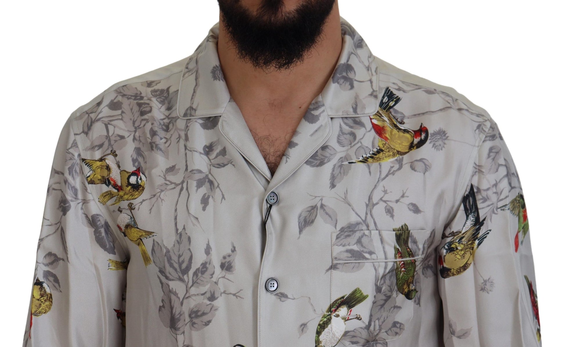 Dolce & Gabbana White Bird Print Silk Satin Casual Shirt Dolce & Gabbana