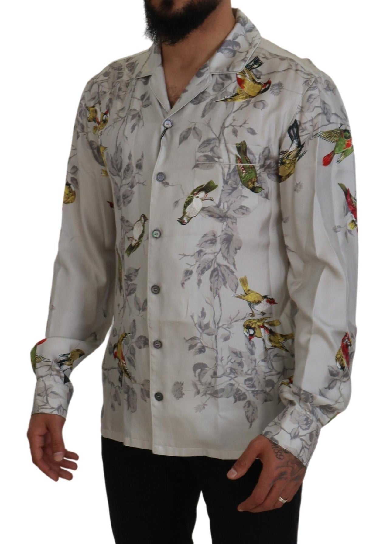 Dolce & Gabbana White Bird Print Silk Satin Casual Shirt Dolce & Gabbana