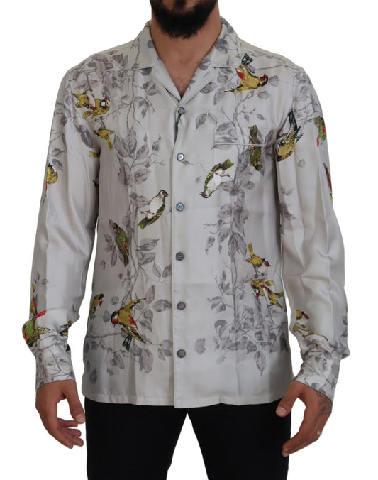 Dolce & Gabbana White Bird Print Silk Satin Casual Shirt Dolce & Gabbana