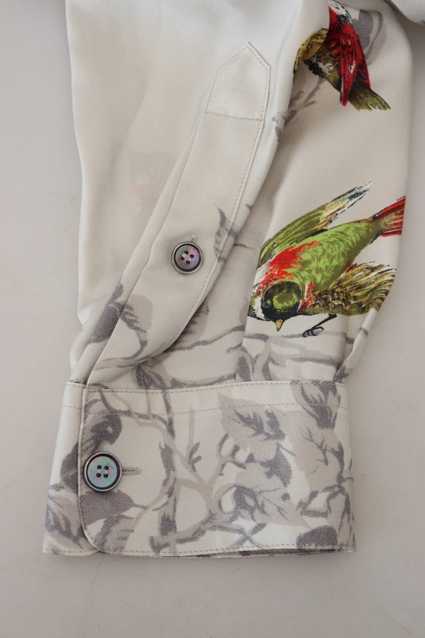Dolce & Gabbana White Bird Print Silk Satin Casual Shirt Dolce & Gabbana