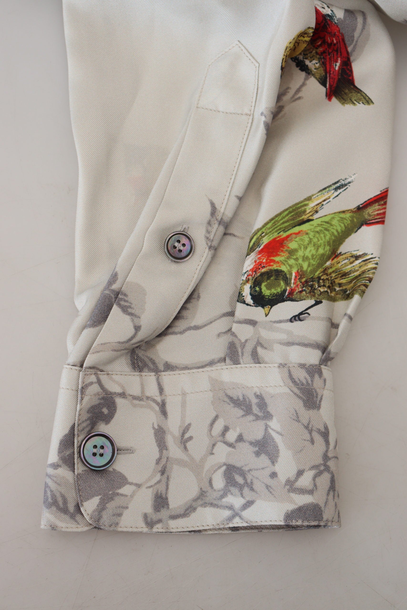 Dolce & Gabbana White Bird Print Silk Satin Casual Shirt Dolce & Gabbana