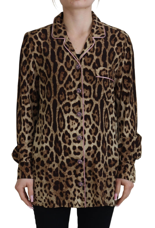 Dolce & Gabbana Brown Leopard Print Long Sleeves Blouse Top Dolce & Gabbana