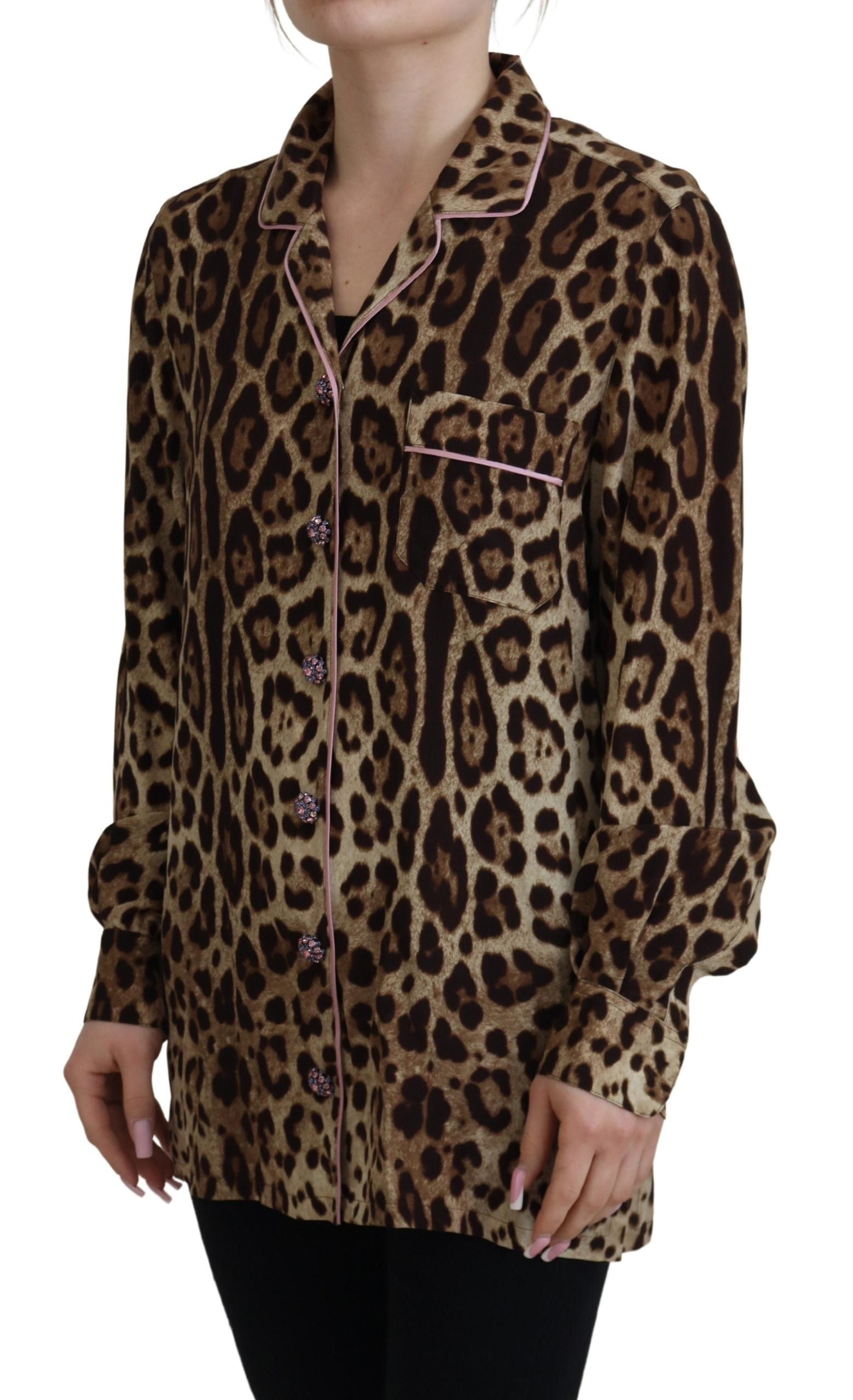 Dolce & Gabbana Brown Leopard Print Long Sleeves Blouse Top Dolce & Gabbana