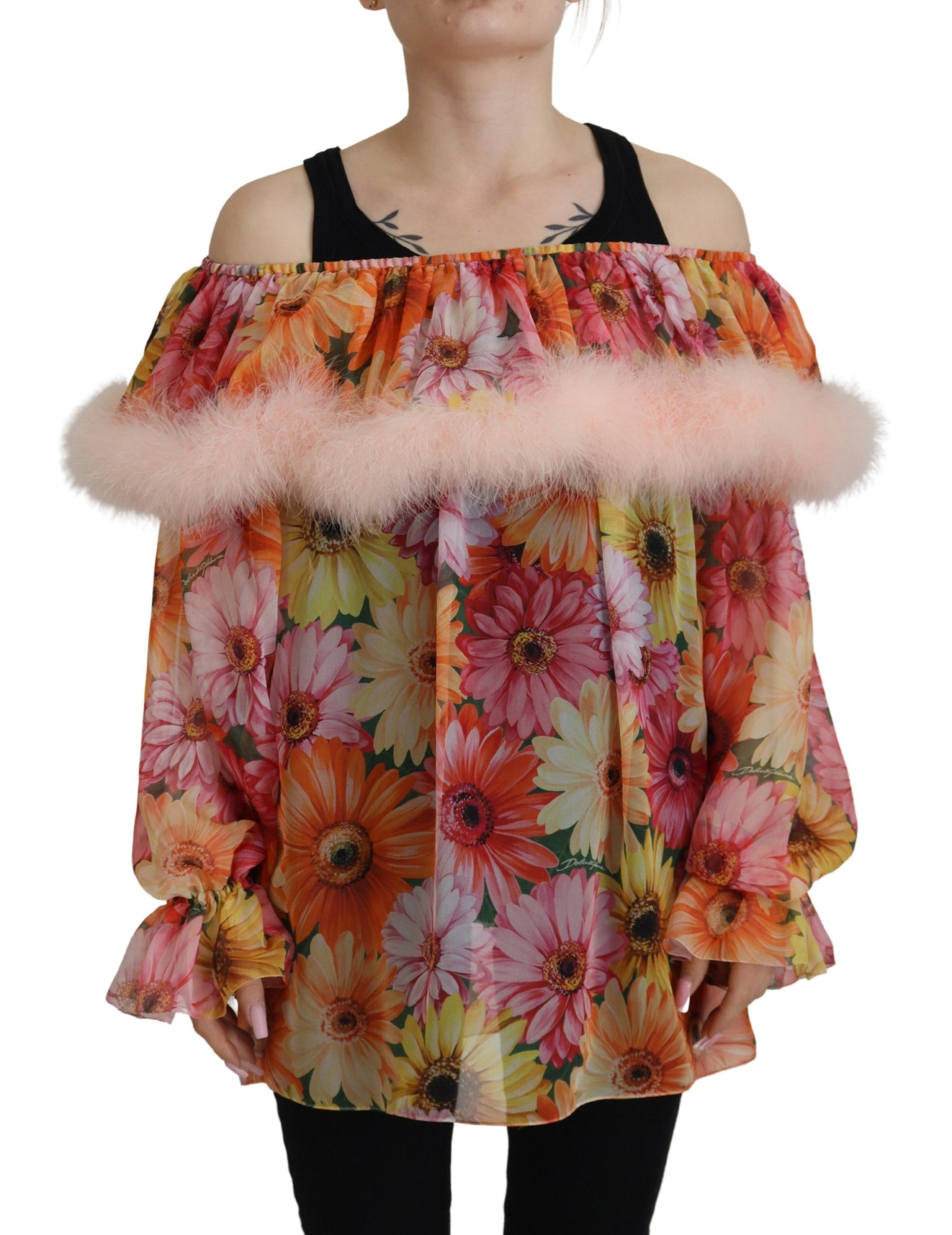 Dolce & Gabbana Multicolor Floral Fur Shearling Blouse Top Dolce & Gabbana