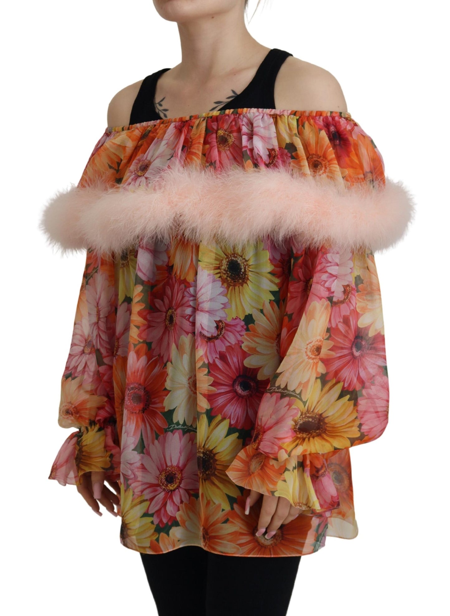 Dolce & Gabbana Multicolor Floral Fur Shearling Blouse Top Dolce & Gabbana