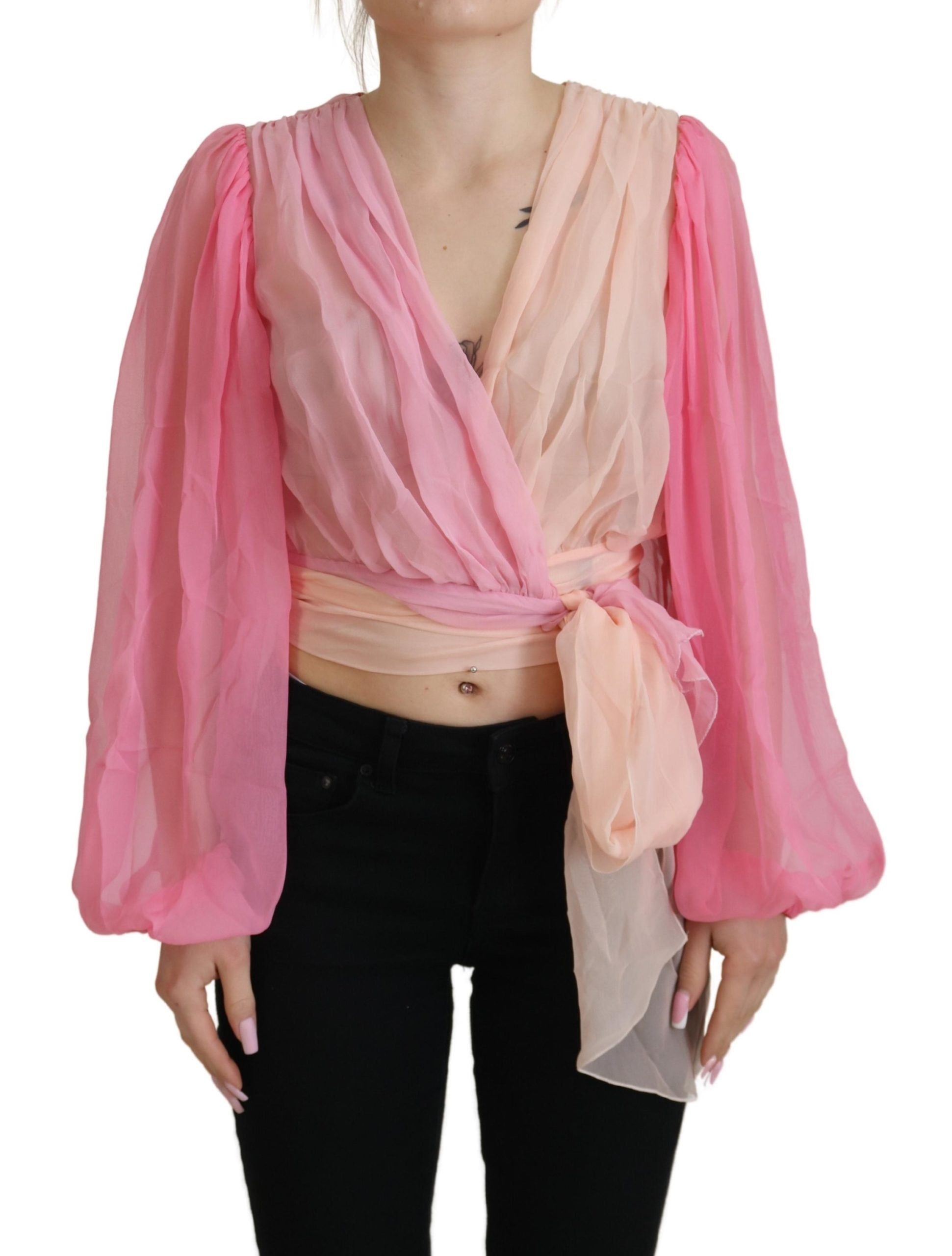 Dolce & Gabbana Pink Silk Wrap Long Sleeves Blouse Top Dolce & Gabbana