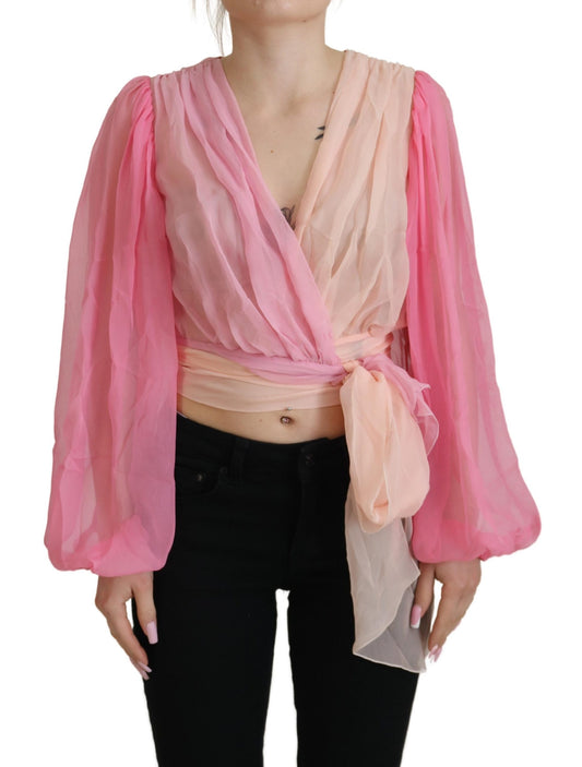 Dolce & Gabbana Pink Silk Wrap Long Sleeves Blouse Top Dolce & Gabbana