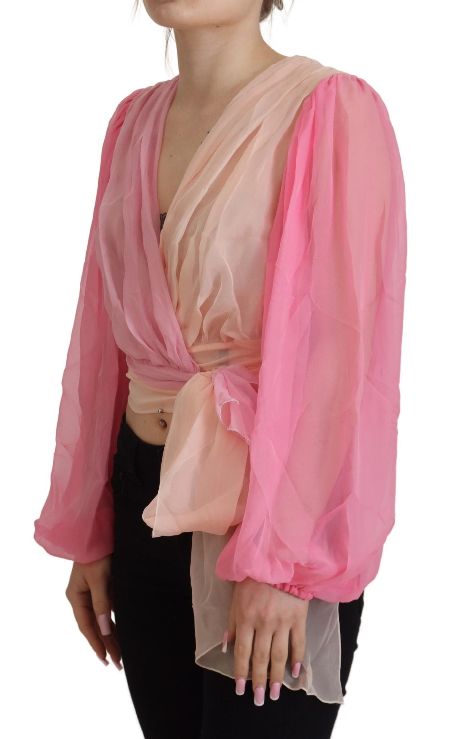 Dolce & Gabbana Pink Silk Wrap Long Sleeves Blouse Top Dolce & Gabbana