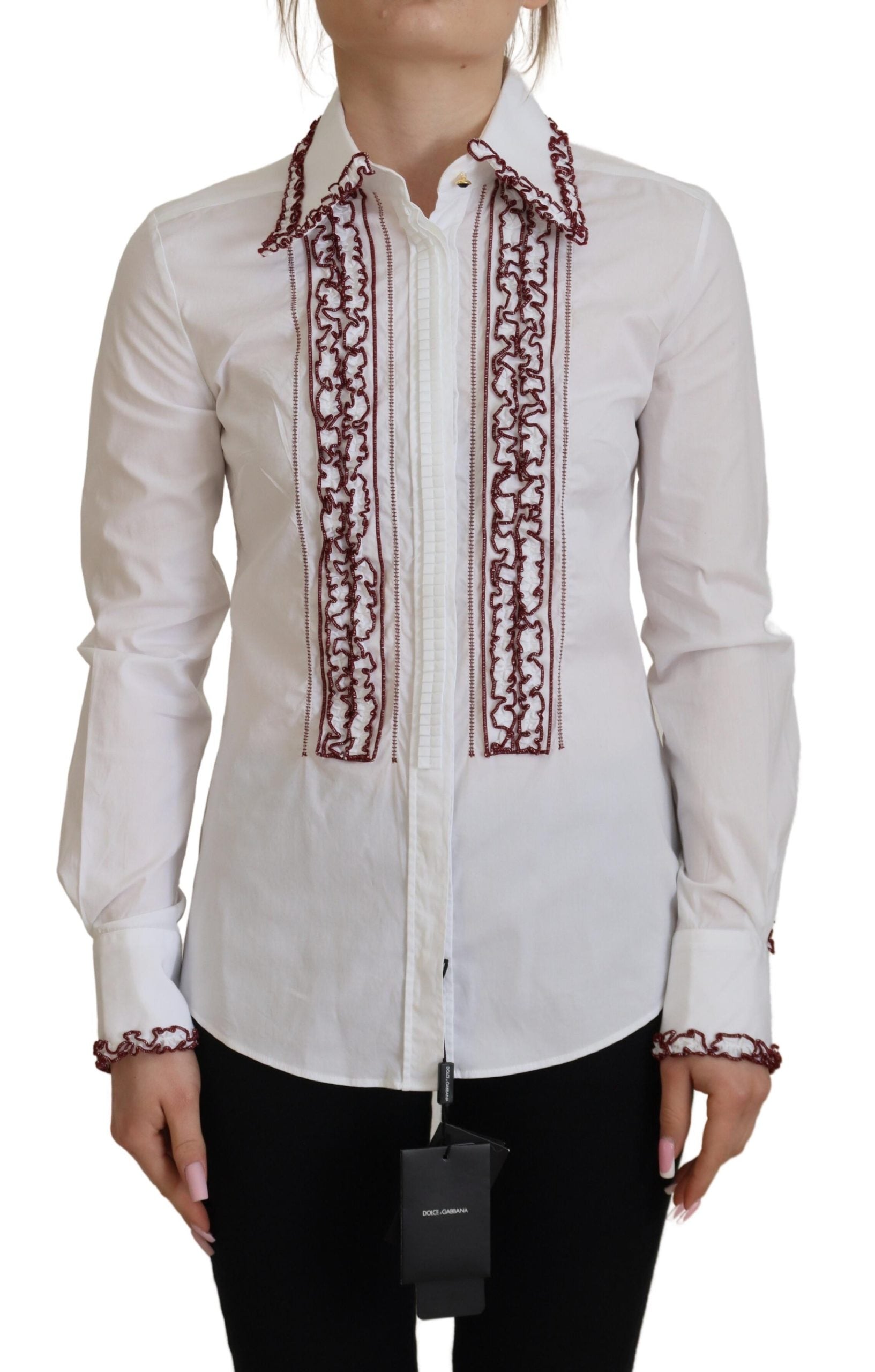 Dolce & Gabbana White Lace Long Sleeves Ruffle Collar Top Dolce & Gabbana