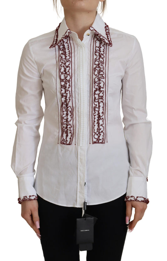 Dolce & Gabbana White Lace Long Sleeves Ruffle Collar Top Dolce & Gabbana