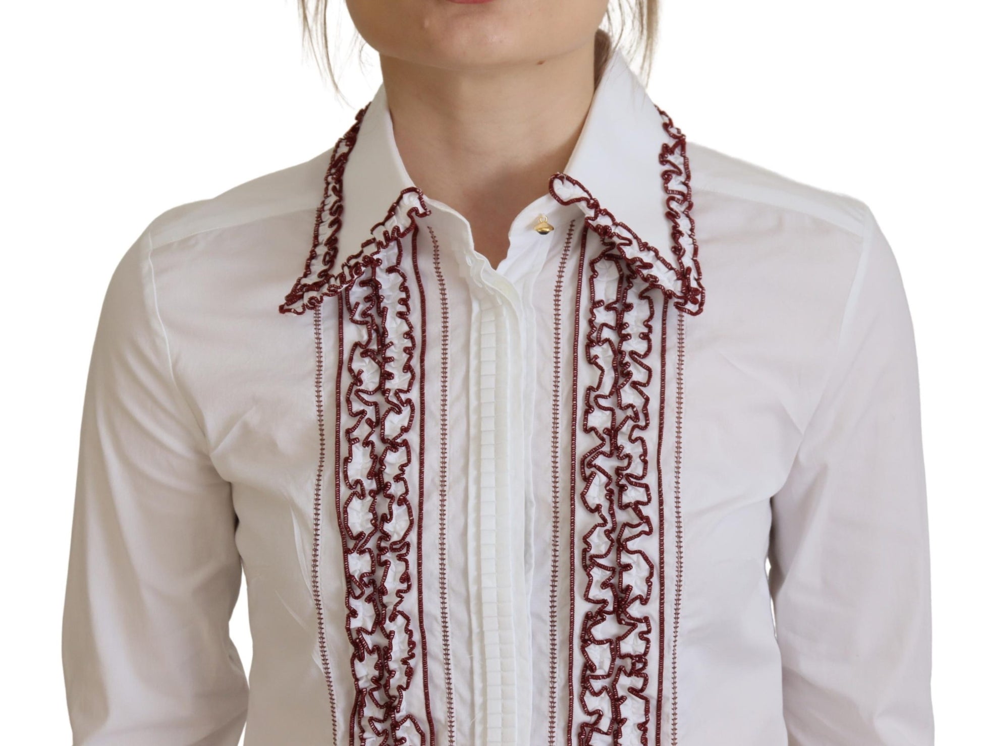 Dolce & Gabbana White Lace Long Sleeves Ruffle Collar Top Dolce & Gabbana