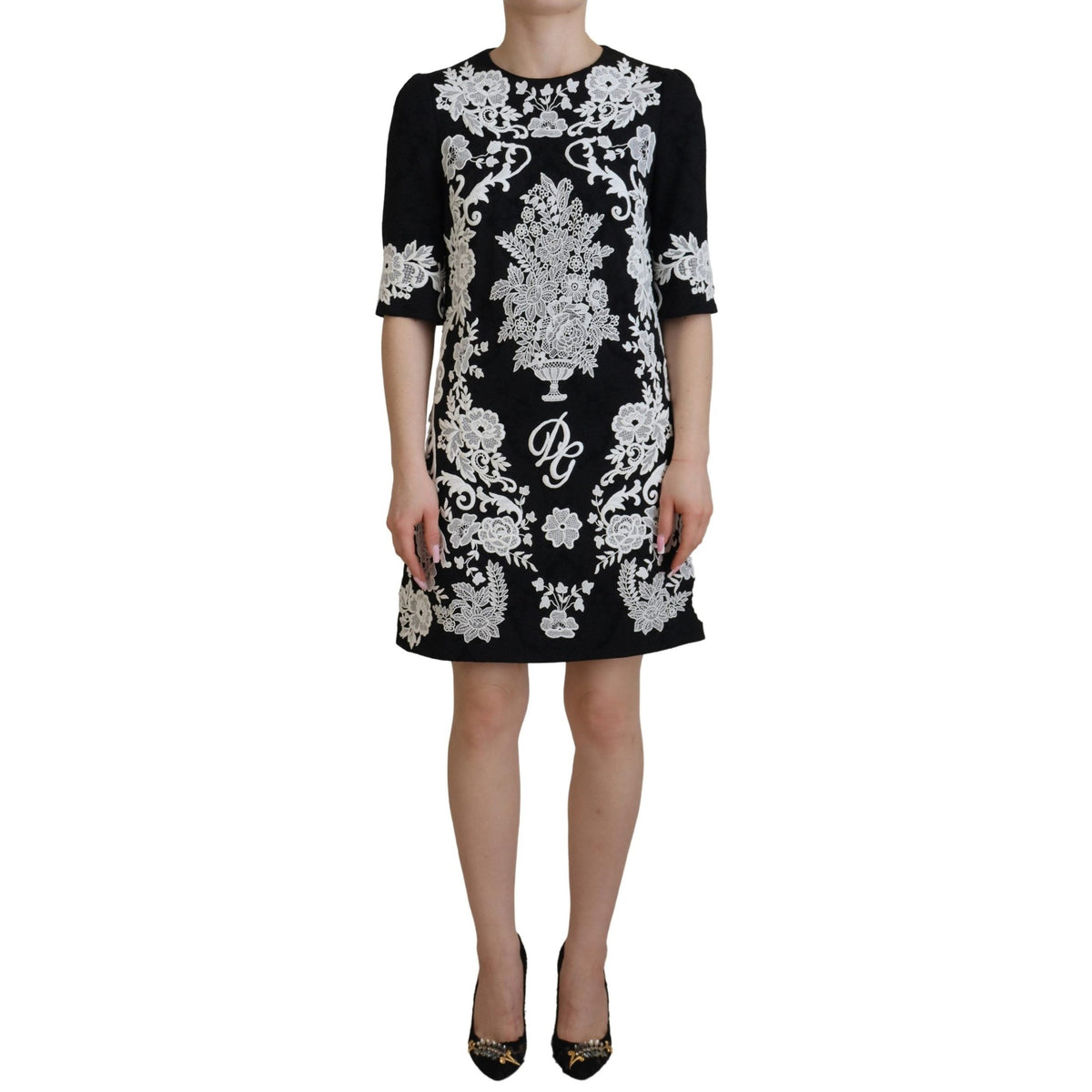 Dolce & Gabbana Black Lace Trim Half Sleeves A-line Dress