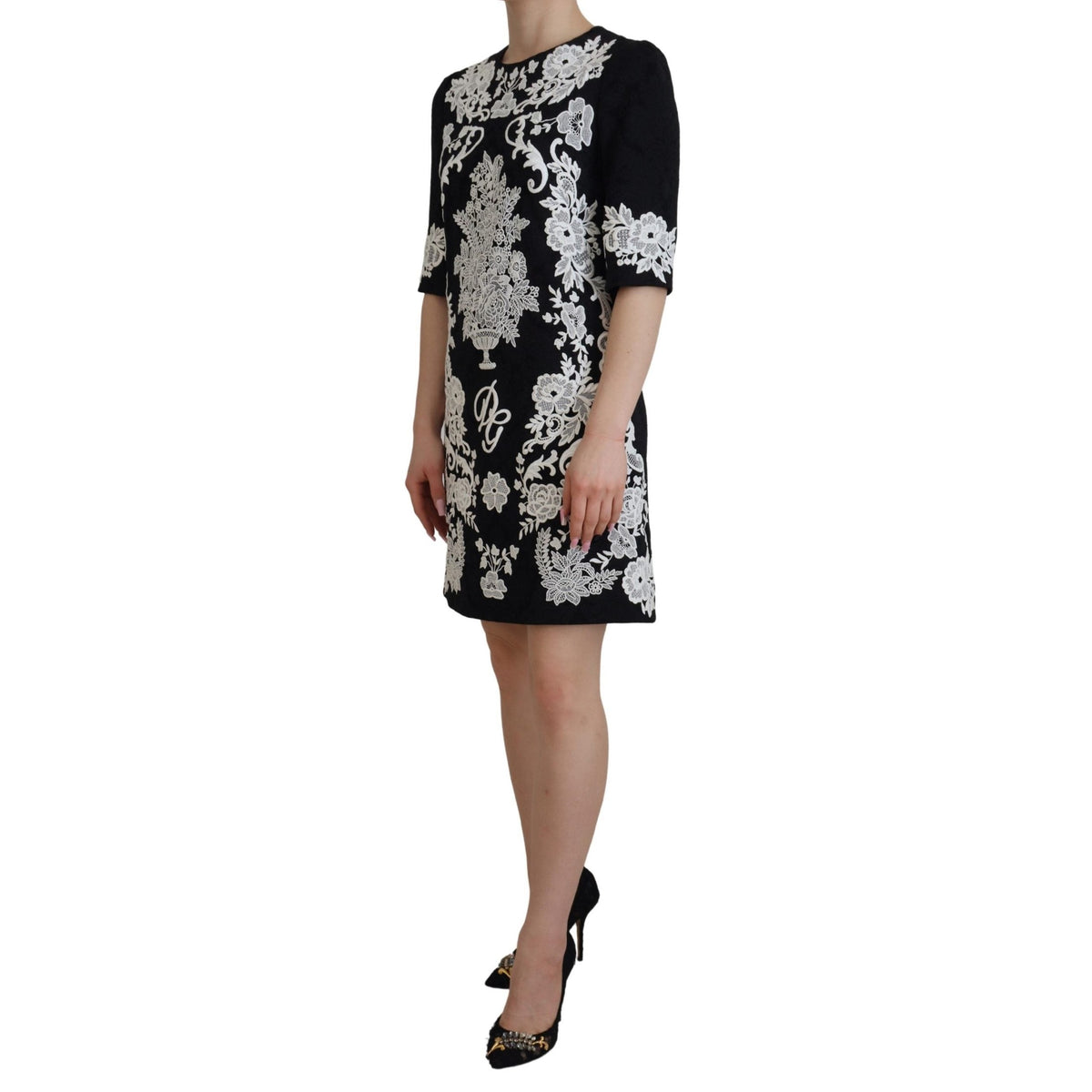 Dolce & Gabbana Black Lace Trim Half Sleeves A-line Dress