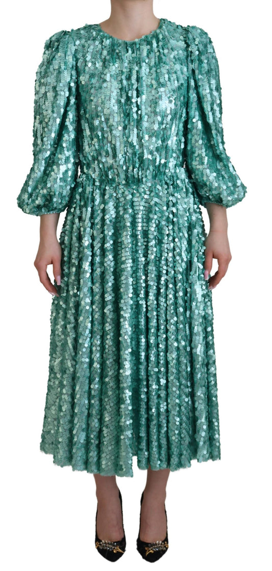 Dolce & Gabbana Blue Sequined Pleated Aline Midi Nylon Dress Dolce & Gabbana