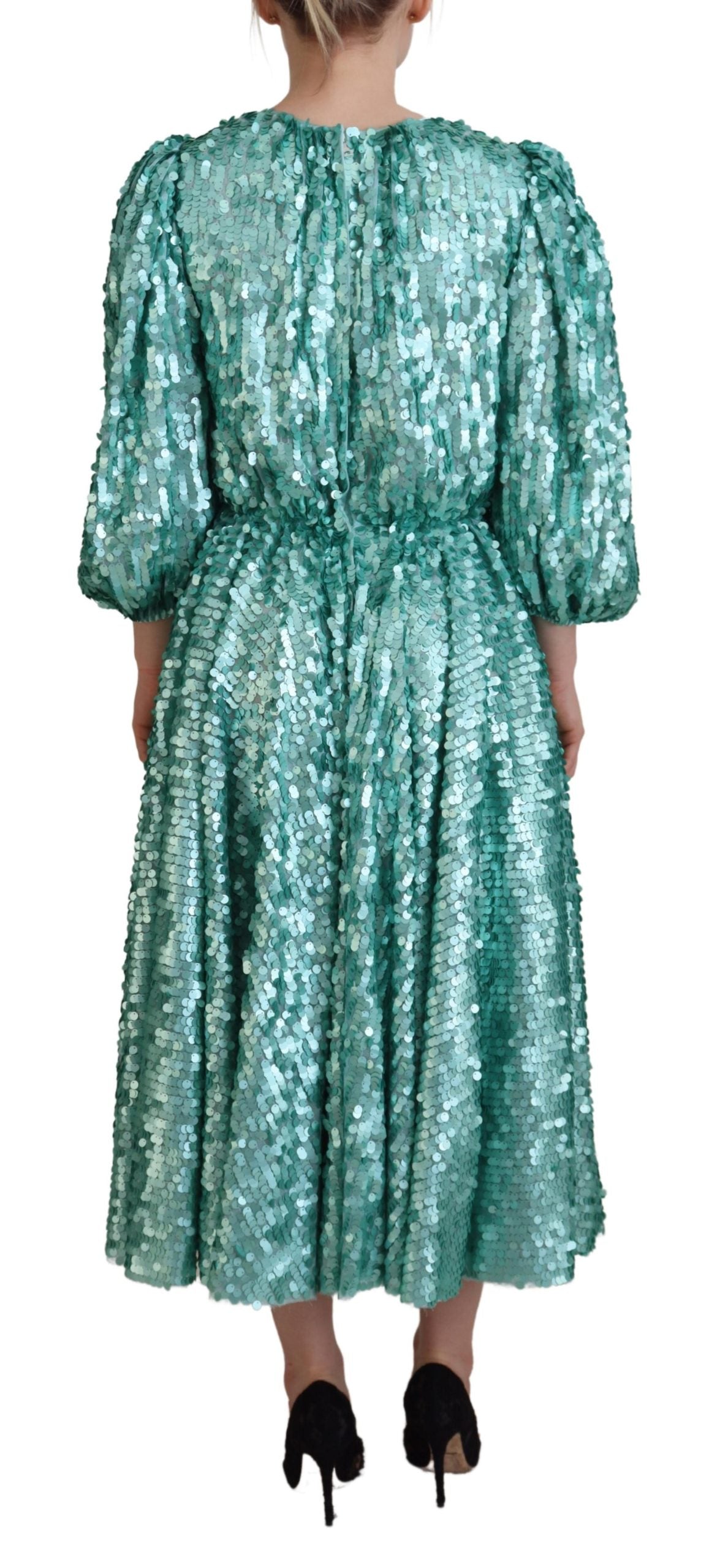 Dolce & Gabbana Blue Sequined Pleated Aline Midi Nylon Dress Dolce & Gabbana