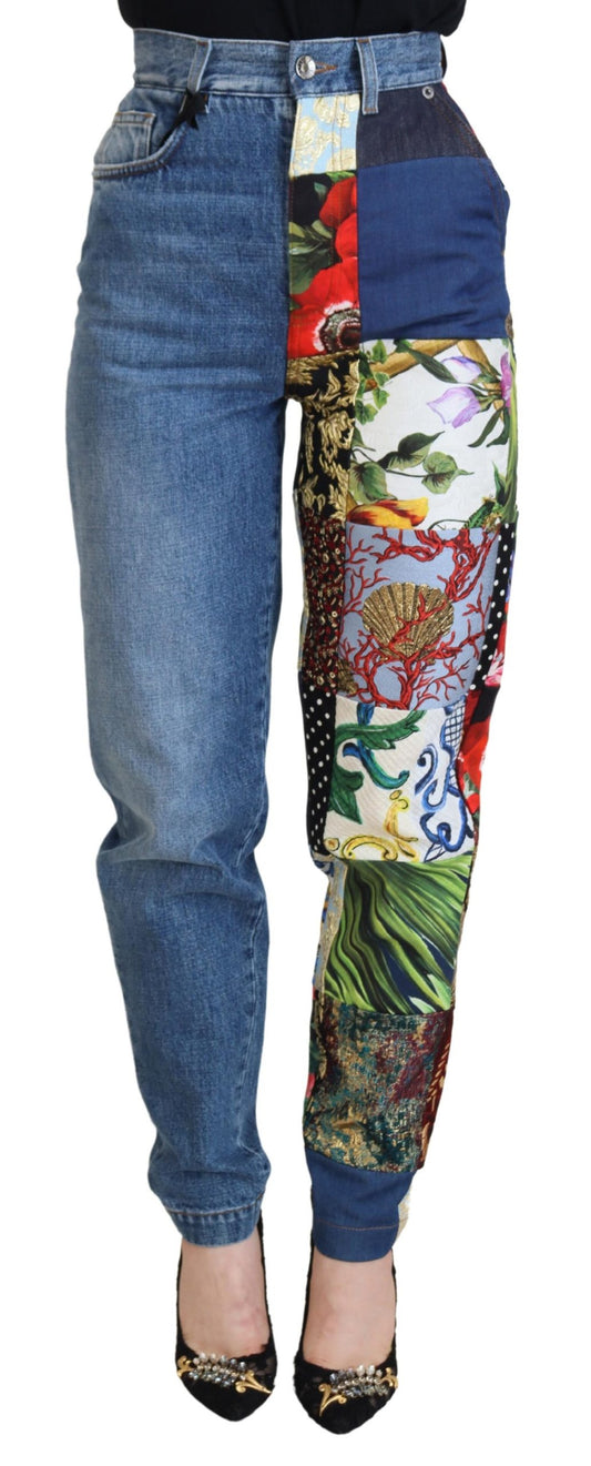 Dolce & Gabbana Blue Jacquard Majolica High Waist Jeans Dolce & Gabbana
