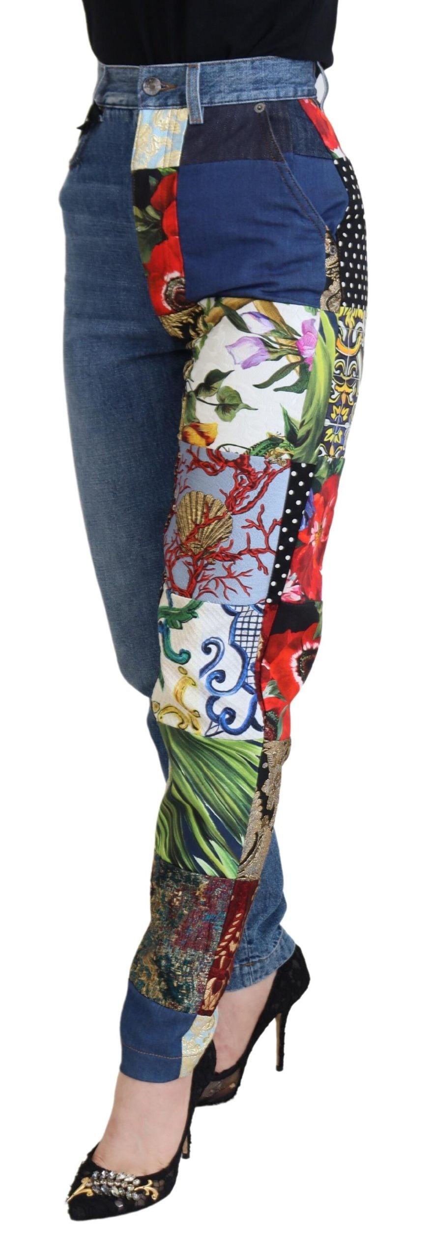 Dolce & Gabbana Blue Jacquard Majolica High Waist Jeans Dolce & Gabbana