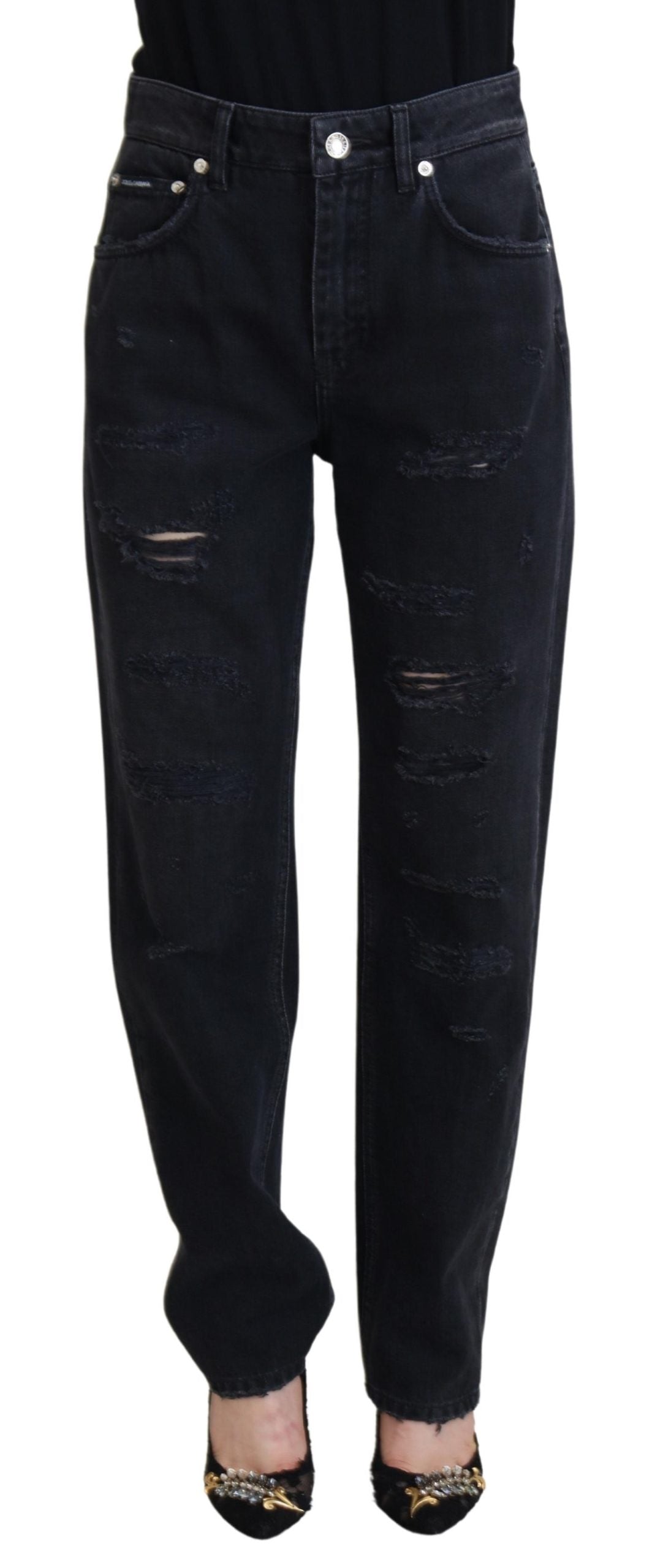 Dolce & Gabbana Black Cotton Tattered High Waist Denim Jeans Dolce & Gabbana