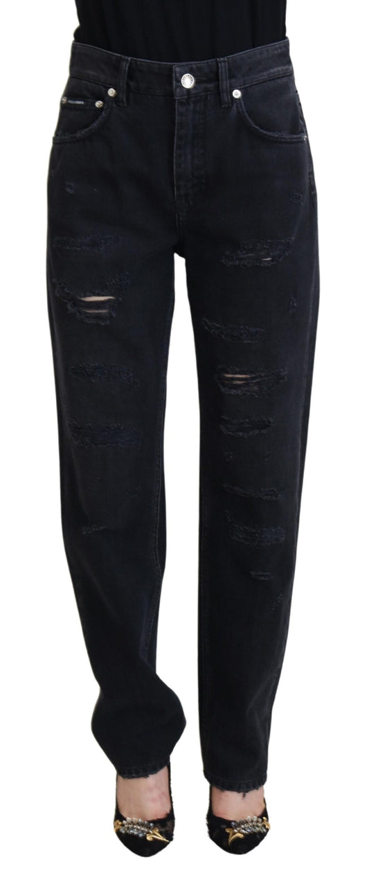 Dolce & Gabbana Black Cotton Tattered High Waist Denim Jeans Dolce & Gabbana