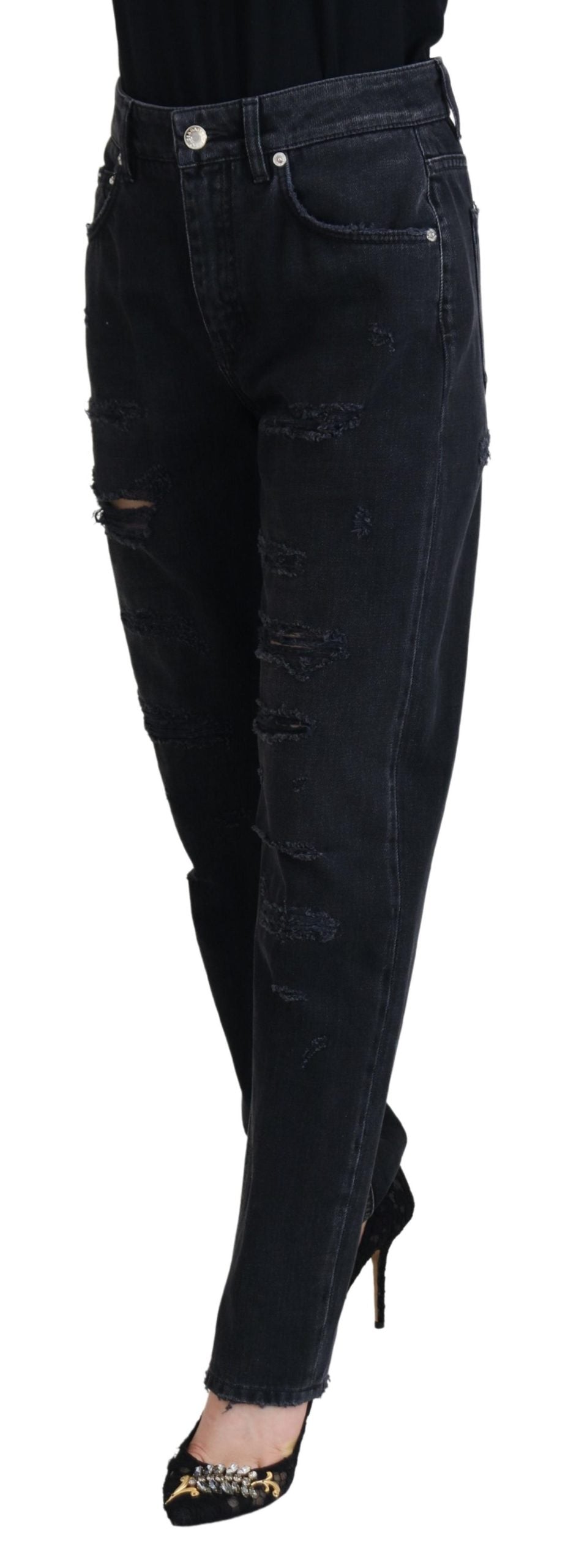 Dolce & Gabbana Black Cotton Tattered High Waist Denim Jeans Dolce & Gabbana