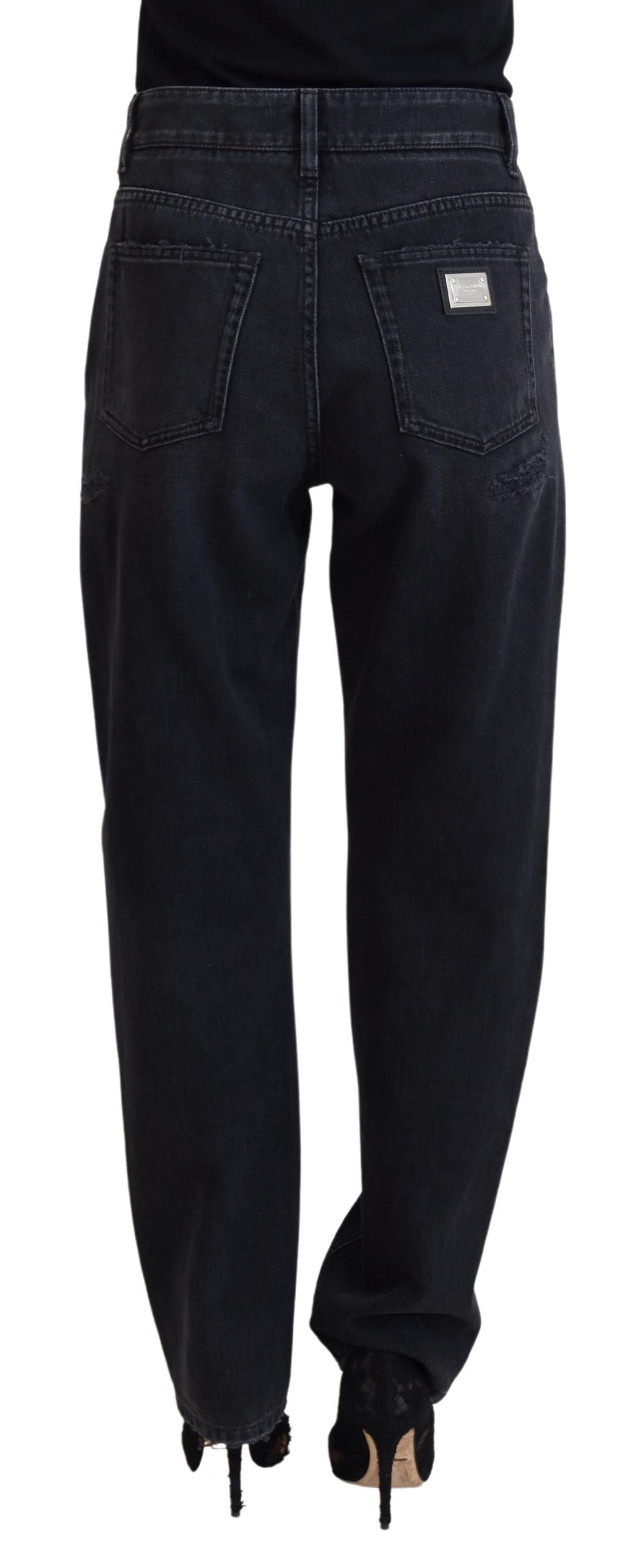 Dolce & Gabbana Black Cotton Tattered High Waist Denim Jeans Dolce & Gabbana