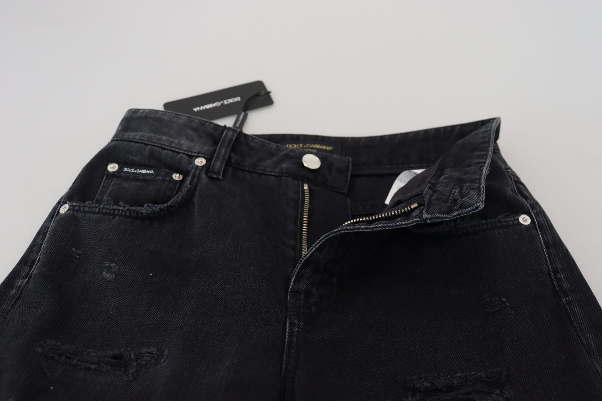 Dolce & Gabbana Black Cotton Tattered High Waist Denim Jeans Dolce & Gabbana