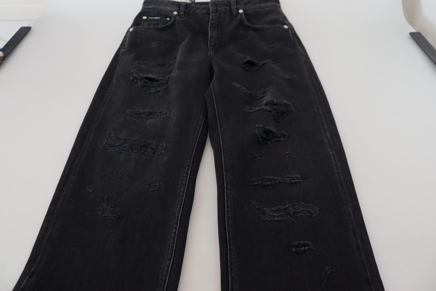Dolce & Gabbana Black Cotton Tattered High Waist Denim Jeans Dolce & Gabbana