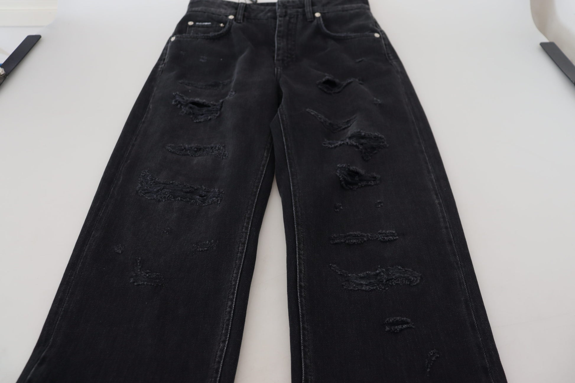 Dolce & Gabbana Black Cotton Tattered High Waist Denim Jeans Dolce & Gabbana