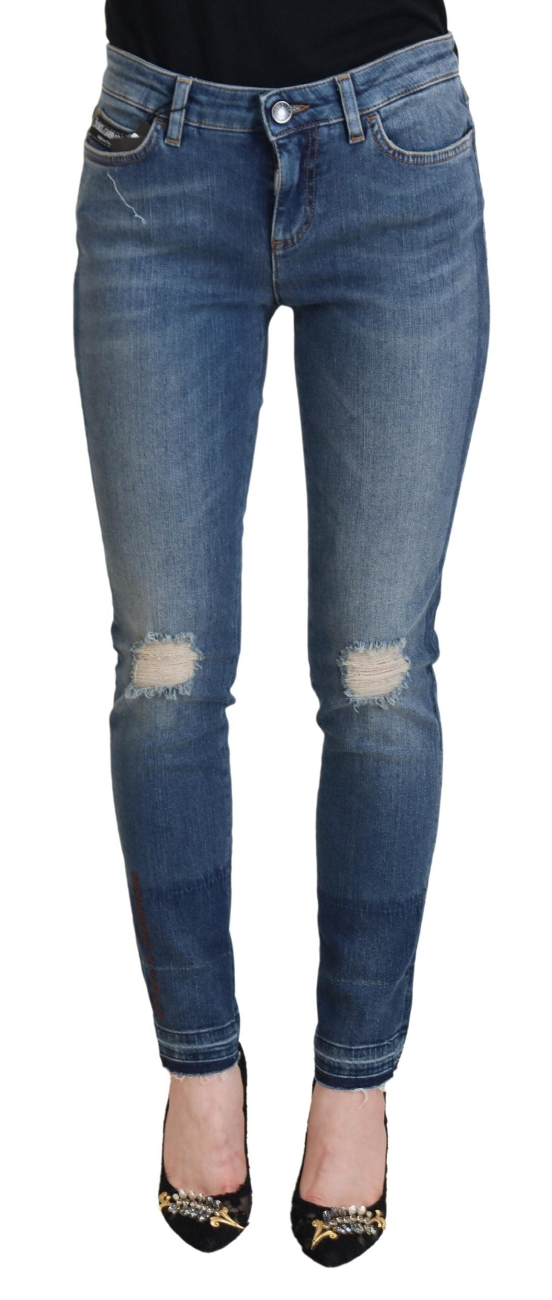 Dolce & Gabbana Blue Washed Cotton Tattered Denim Jeans Dolce & Gabbana