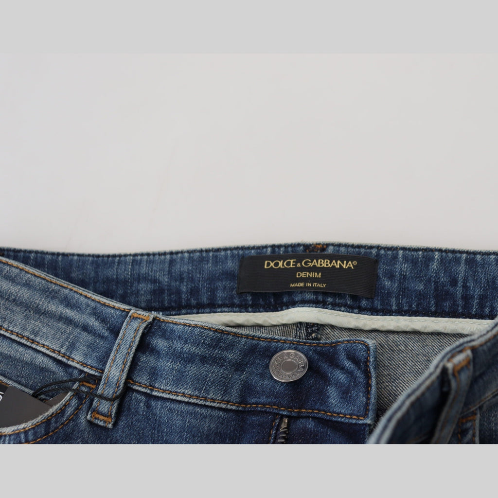Dolce & Gabbana Blue Washed Cotton Tattered Denim Jeans
