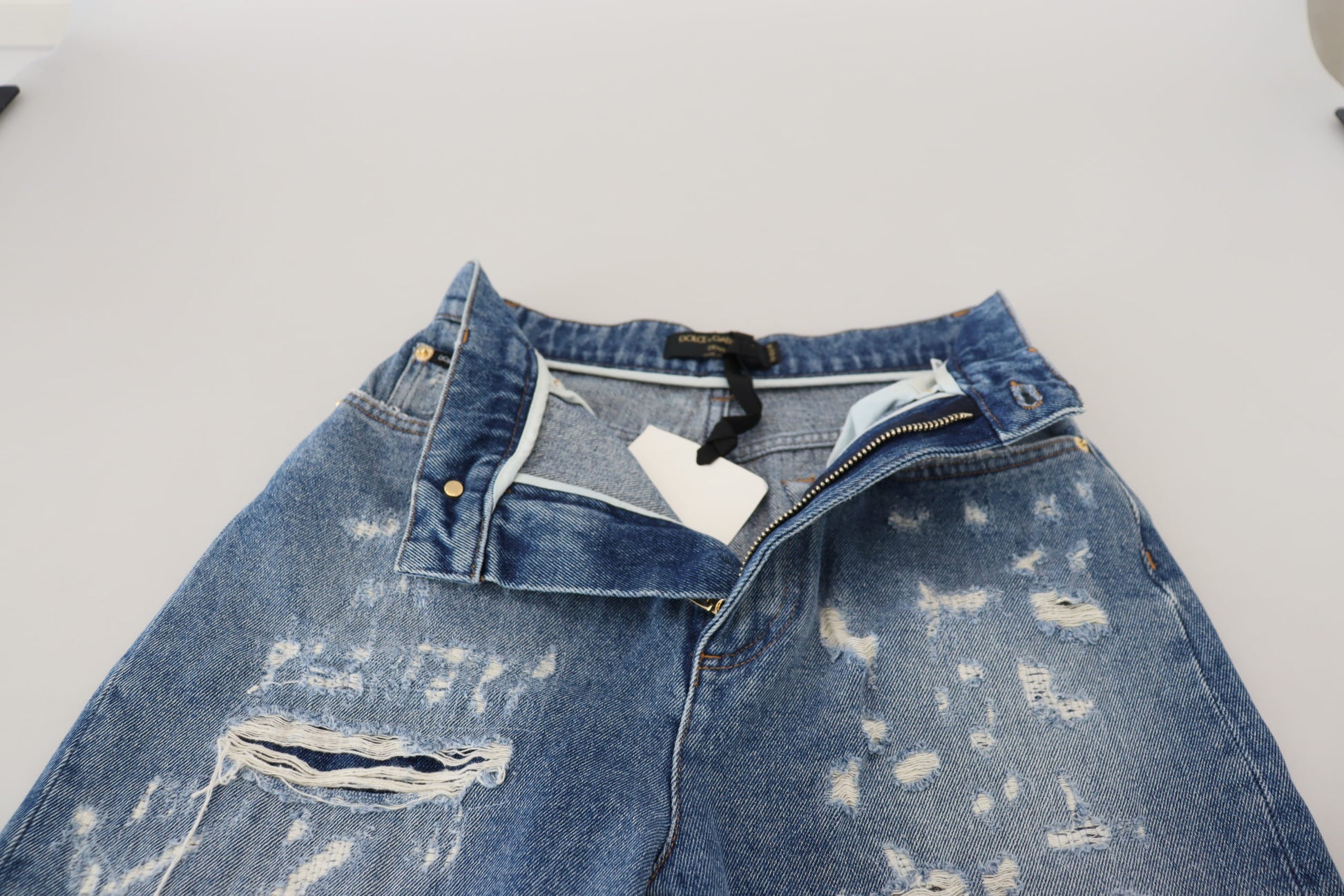 Dolce & Gabbana Blue Washed Cotton Tattered Denim Jeans Dolce & Gabbana