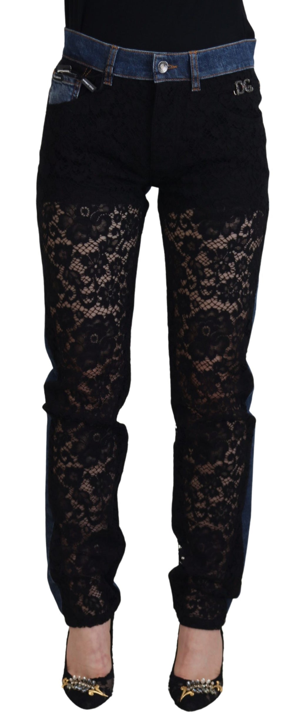 Dolce & Gabbana black floral lace front skinny denim jeans with a fitted silhouette and stylish floral lace detailing.