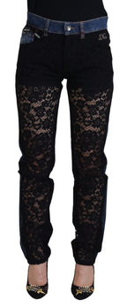 Dolce & Gabbana black floral lace front skinny denim jeans with a fitted silhouette and stylish floral lace detailing.