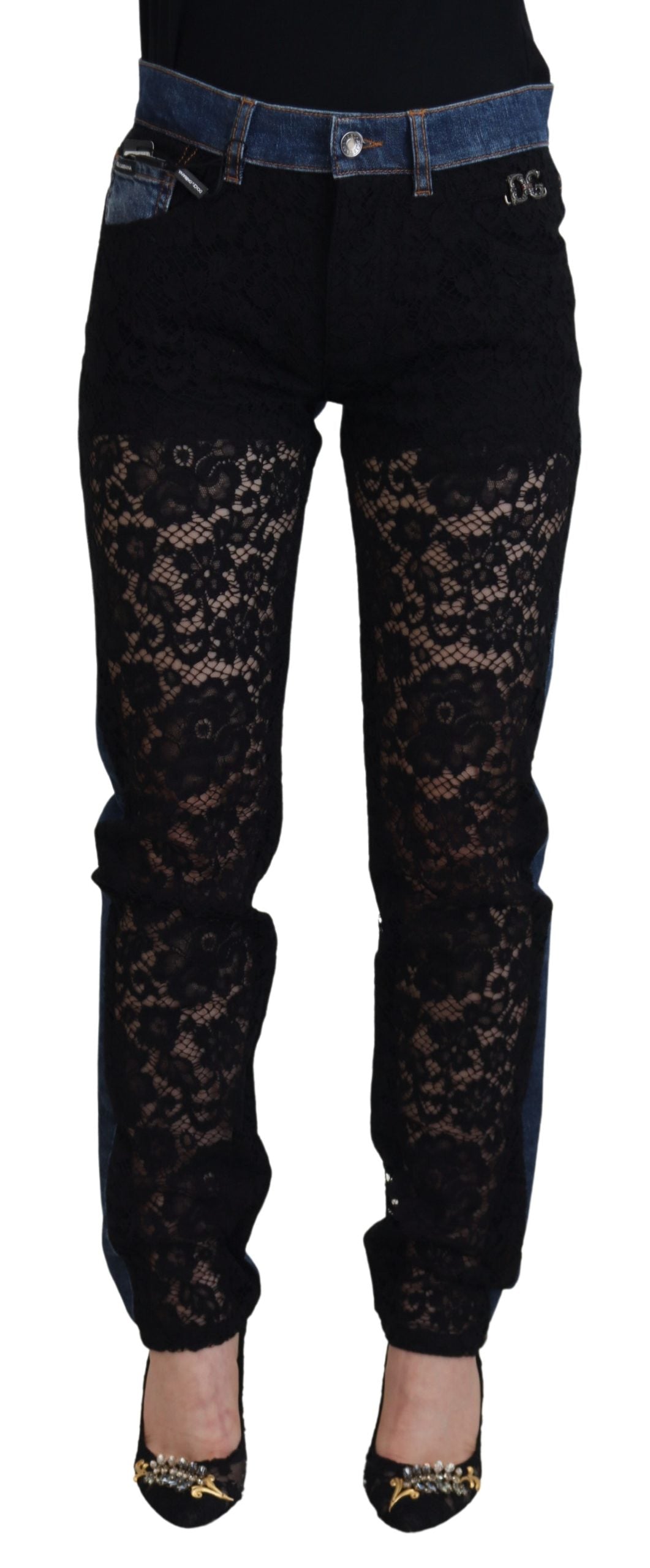 Dolce & Gabbana black floral lace front skinny denim jeans with a fitted silhouette and stylish floral lace detailing.