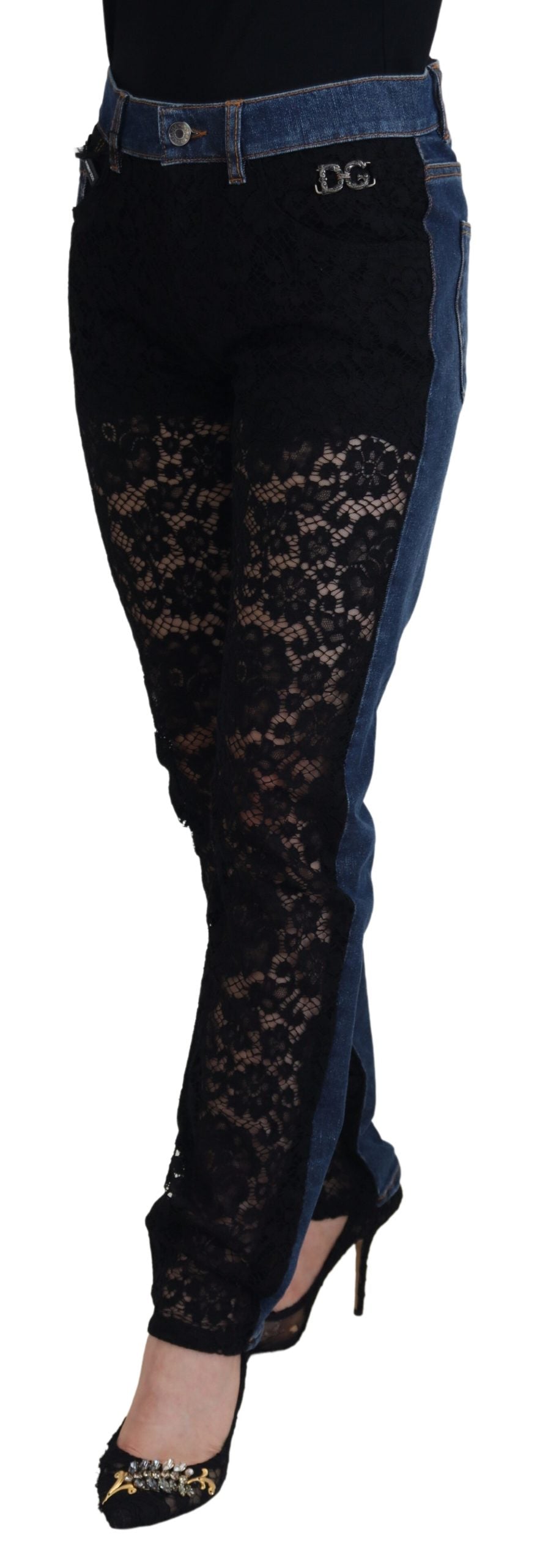 Dolce & Gabbana black floral lace front skinny denim jeans showing intricate lace detail and fitted style.
