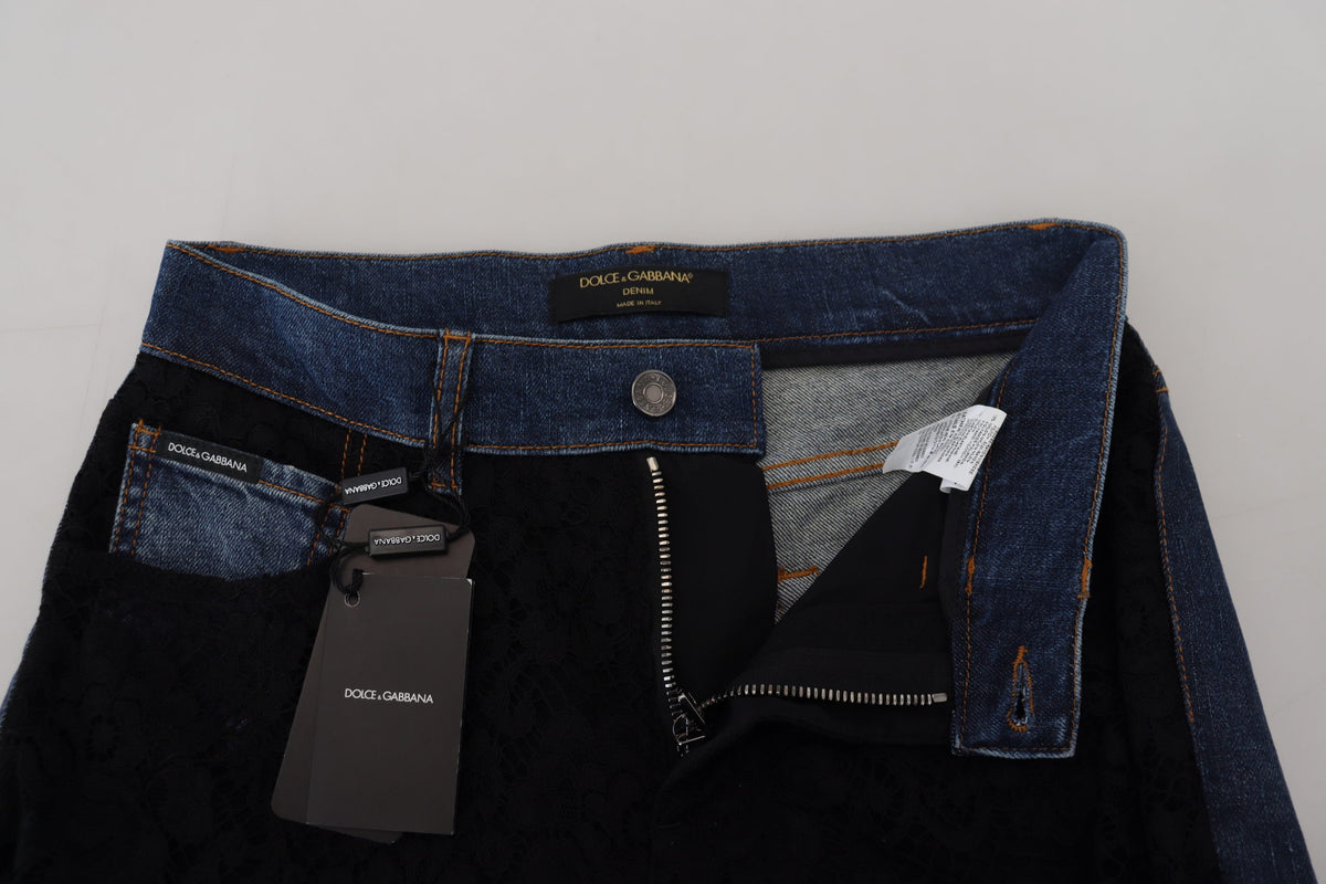 Dolce & Gabbana black floral lace front skinny denim jeans with fitted silhouette and stylish floral lace details.