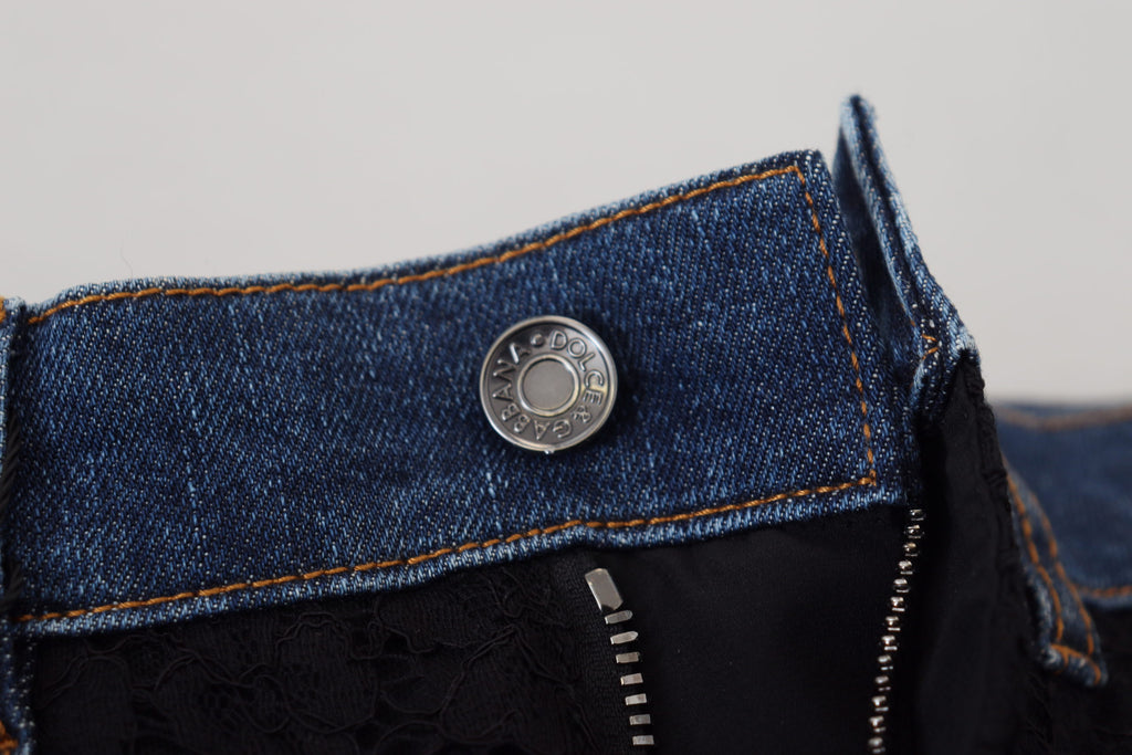 Dolce & Gabbana black floral lace front skinny denim jeans with a fitted silhouette and floral lace details.